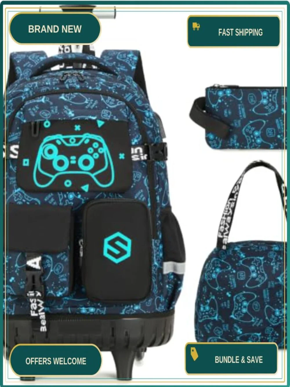 Rolling Backpack for Kids Boys Wheeled Bookbag with Lunch Box and Pencil Pouch